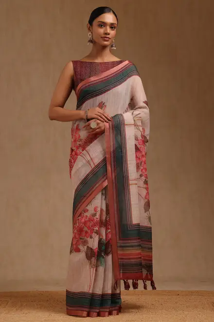 Beige Linen Botanical Print Saree